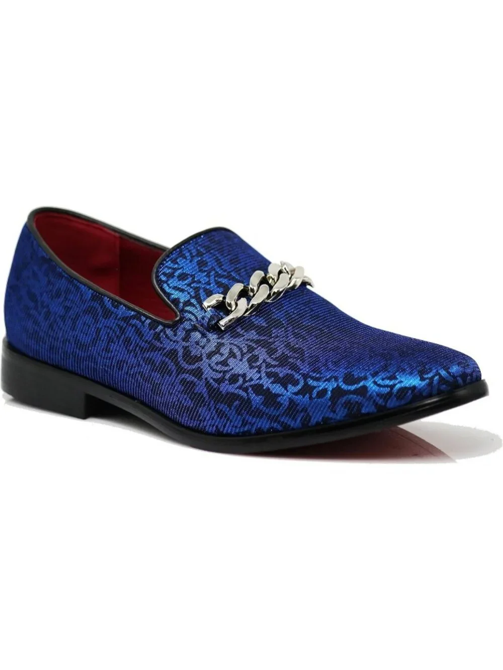 Enzo Romeo Men's Blue Satin Silky Floral Chain Buckle Loafer Slip On Shoes